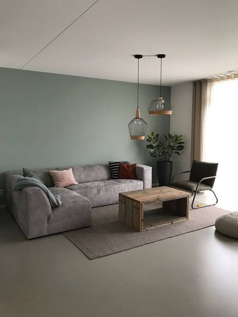 Dark Green Chair, Stained Coffee Table, Minimalist Home Decor Ideas, Sage Living Room, Green Accent Wall, Sage Green Living Room, Dark Green Living Room, Brick Living Room, Grey Sofa Living Room