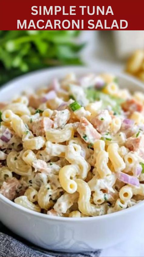 Simple Tuna Macaroni Salad: A quick, creamy pasta salad with tuna, veggies, and a tangy dressing. Perfect for a refreshing, easy-to-make side dish! Cold Tuna Macaroni Salad Recipes, Mac Salad With Tuna, Tuna And Macaroni Salad, Pasta Tuna Salad Recipes, Quick Creamy Pasta, Macaroni Tuna Salad, Macaroni Salad With Tuna, Tuna Macaroni Salad Recipe, Pasta Salad With Tuna