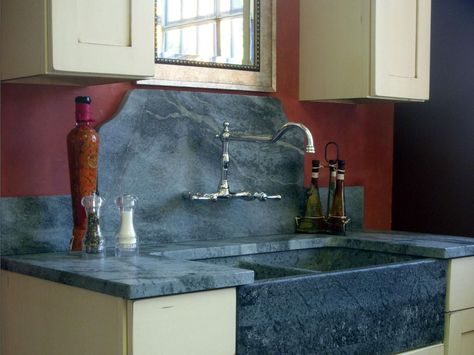 Tap into your creative side with these tips for creating a do-it-youself kitchen countertop. Blue Quartz Countertops, Soapstone Sink, Modern Kitchen Countertops, Modern Kitchen Design Trends, Soapstone Kitchen, Rustic Sink, Soapstone Counters, Soapstone Countertops, Kitchen Countertop Materials