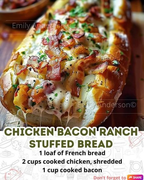 Funny Recipes by Emily | Chicken Bacon Ranch Stuffed Bread | Facebook Bake Macaroni, Funny Recipes, Dinner 2023, Chicken Shredded, Savory Breads, Sandwhich Recipes, Stuffed Bread, Dresden Quilt, Sandwich Shop