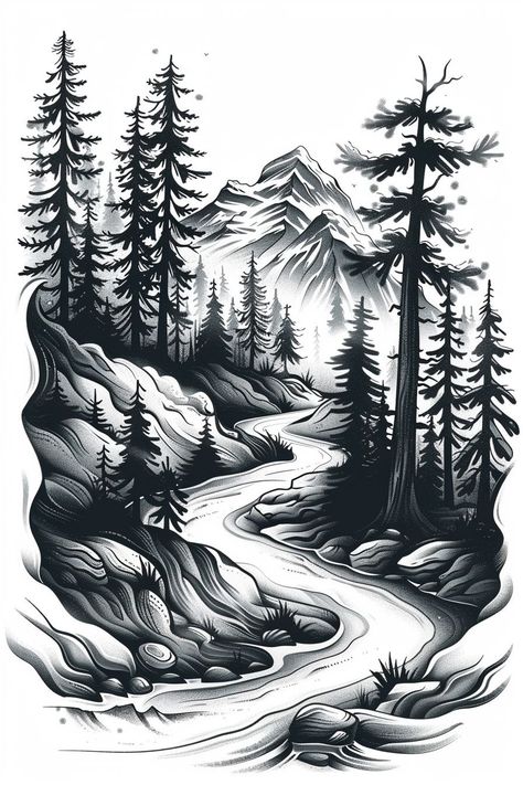 Long Road Tattoo, Pyrography Scenery, National Parks Tattoo, Trail Tattoo Ideas, Mountains Tattoo Design, Landscape Stencil, Vector Tattoo Design, Forest Stencil, Forest Tattoo Design