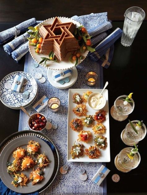 This year we're celebrating Hanukkah with a creative twist on tradition: a vodka and latke party. Hanukah Menu, Hanukah Appetizers, Hannukah Party, Celebrating Hanukkah, Hanukkah Dinner, Happy Hannukah, Jewish Holiday Recipes, Hanukkah Food, Chanukah Party