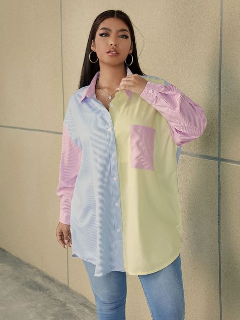 Drop Shoulder Blouse, Colorblock Shirt, Girly Style Outfits, Drop Shoulder Shirt, Blouse Casual Fashion, Color Block Shirts, Fall Plus Size, Aesthetic Dress, Pastel Outfit