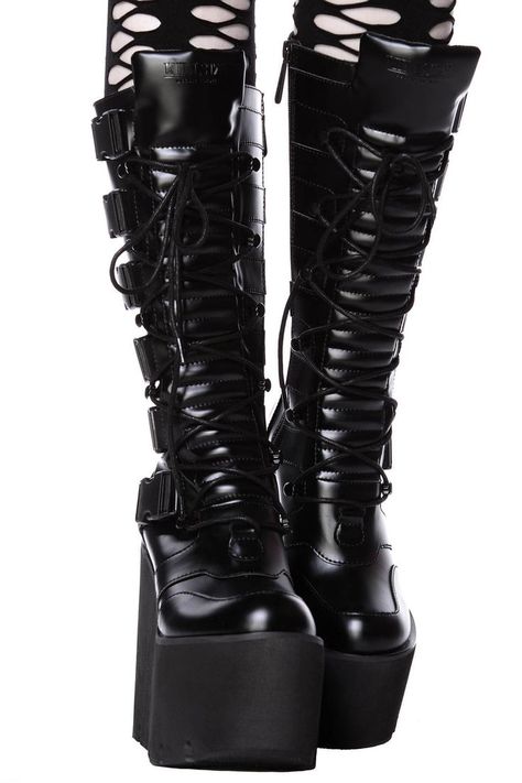 Get ready to stomp with 'Lugosi' boots - a statement boot with a faux leather body, stacked 13cm platform sole, statement side straps with monochrome hardware, a lace up look front and zip on the side for easy on/off. Mens Highlights, Alternative Shoes, Gothic Boots, 2010 Fashion, Vegan Boots, Dark Heart, Mens Lifestyle, Creepers, Shoe Game