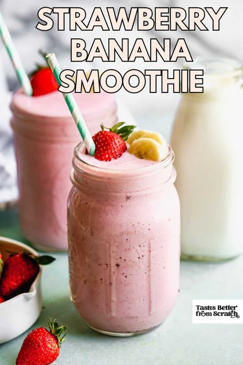 Refreshing strawberry banana smoothie in a mason jar topped with fresh strawberries and banana, a healthy and tasty drink option. Best Strawberry Banana Smoothie, Frozen Strawberry Smoothie, Easy Strawberry Banana Smoothie, Fresh Fruit Smoothie Recipes, Meal Prep Smoothies, Protein Powder Smoothie Recipes, Banana Smoothie Recipe Healthy, Prep Smoothies, Frozen Fruit Smoothie Recipes