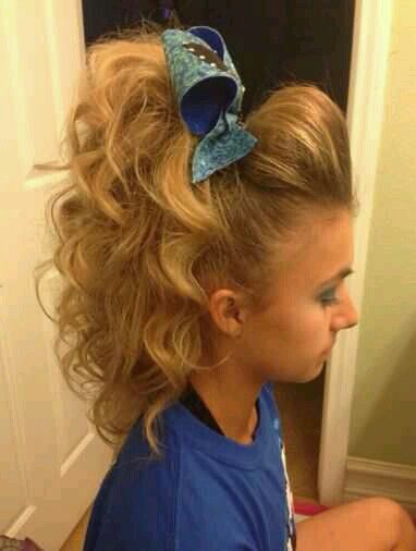 High pony tail with bump and curls| cheer hair Cheer Hair Poof, Inverted French Braid, Cheer Ponytail, Cheer Hairstyles, Hairstyles Images, Cheer Makeup, Competition Hair, Cheerleading Hairstyles, Cheer Hair