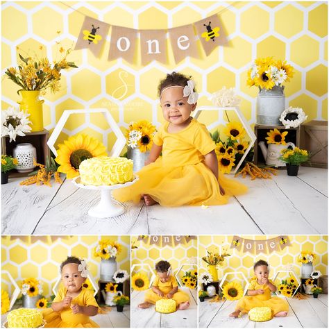 Sunflower Themed Birthday Party, Sunflower Cake Smash, Maternity Props, Sunflower Cake, Cake Smash Theme, One Year Pictures, Studio Headshots, Yellow Theme, Birthday Shoot