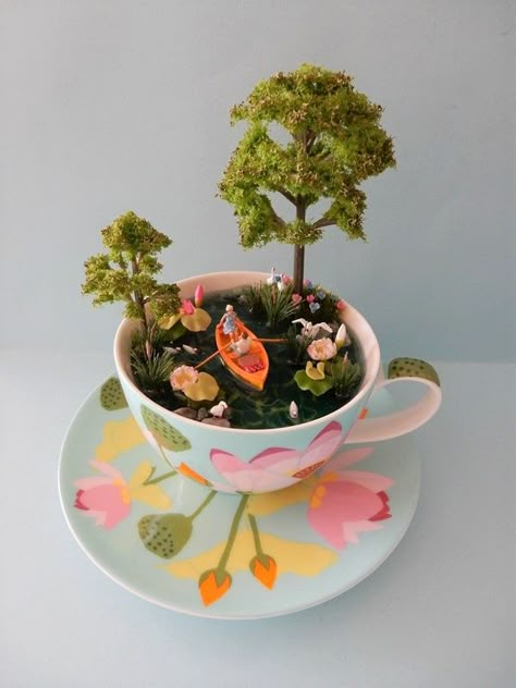 Cute Diorama, Teacup Miniatures, Teacup Diorama, Tiny Diorama, 3d Felting, Allie And Noah, Tea Cup Decor, Unique Homemade Gifts, Cup And Saucer Crafts