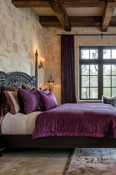 A Castlecore bedroom with faux stone wallpaper, 4 posted bed, dark burgundy bedding, matching curtains, and a persian rug. Medieval Bedroom Decor, Castlecore Bedroom, Medieval Bedroom Aesthetic, Faux Stone Wallpaper, Old World Bedroom, Medieval Bedroom, Burgundy Bedding, Bed Dark, Castle Bedroom