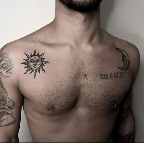 Sun And Moon Chest Tattoo For Men, Sun And Moon Shoulder Tattoo Men, Sun Moon Tattoo Men, Sun Tattoo Chest For Men, Mens Sun Tattoo, Mens Moon Tattoo, Sun Tattoo Man, Men Sun Tattoo, Sun And Moon Chest Tattoo