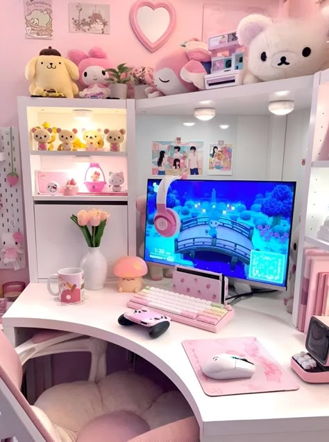 Girly Streaming Setup, Colorful Pc Setup, Games Room Inspiration, Game Setup, Gamer Room Decor, Cozy Home Office, Cute Diy Room Decor, Office Room Decor, Gaming Room Setup