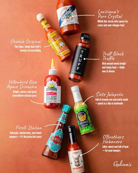 Home Cook’s Guide to Hot Sauce Sauce Bottle Photography, Condiments Photography, Sauce Photography Food Styling, Hot Sauce Photography, Hot Sauce Photoshoot, Food Ingredients Photography, Sauce Photoshoot, Hot Sauce Display, Hot Sauce Aesthetic