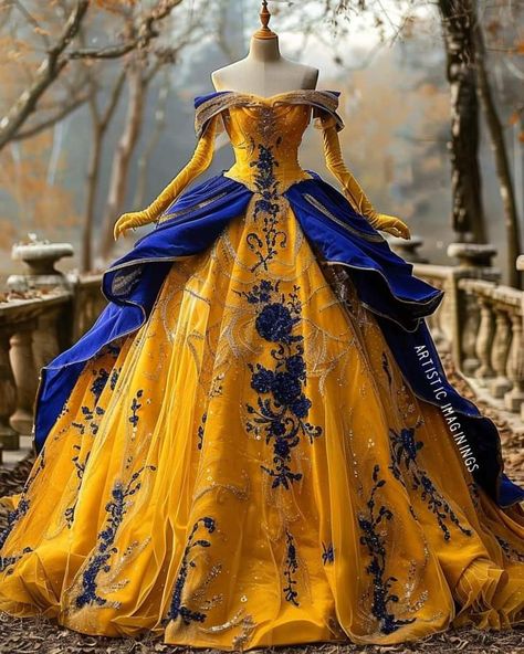 Royal Blue Queen Dress, Belle Gown, Blue And Yellow Dress, Tale Dress, My Wedding Dress, Disney Princess Dresses, Dress Design Sketches, Princess Ball Gowns, Fantasy Gowns