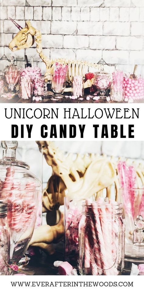 The perfect mix of halloween skeletons and unicorns for your next Halloween party. #AD #OTCSkeletonsquad #otchalloween #candybuffet #unicornparty Diy Candy Table, Pink Jelly Beans, Diy Halloween Candy, Unicorn Skeleton, Skeleton Party, Unicorn Candy, Halloween Unicorn, Halloween Skeleton Decorations, Birthday Dessert