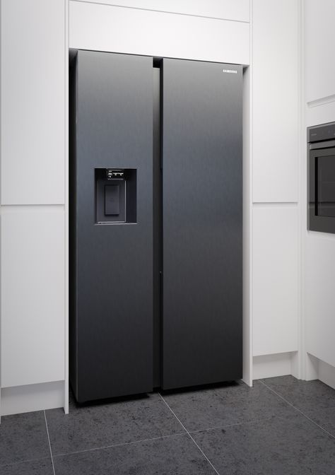 White Fridge Black Handles, Modern Fridge Cabinet, Modern Fridge Refrigerators, Kitchen With Fridge By Itself, Modern Kitchen Fridge, Black Fridge Kitchen, Aesthetic Kitchen Design, Huge Fridge, Modern Fridge