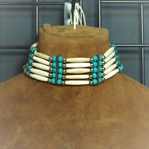 Native American Bone Chokers | Lost River Trading Co. Native American Choker Necklace, Cherokee Jewelry, Mode Country, Pokemon Jewelry, Necklace Drawing, Choker Designs, Native American Beadwork Patterns, Native American Necklace, Leather Jewelry Diy