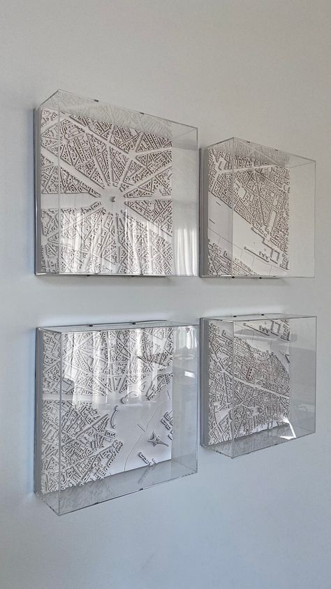 Customer's lovely photograph of their display of our plaster 3D maps of Paris. 3d Frame Art, Architectural Artwork, Map Display, Architectural Wall Art, 3d Maps, Award Display, Beach House Interior Design, Art Gallery Interior, Architectural Sculpture