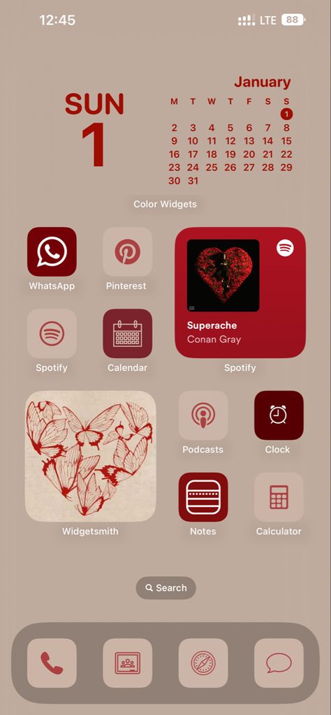 Red Iphone Home Screen, Iphone Screen Layout Ideas, Iphone Screen Layout, Iphone Layout Homescreen, Layout Homescreen, Home Screen Layout, Iphone Macbook, Iphone Home Screen, Red Iphone