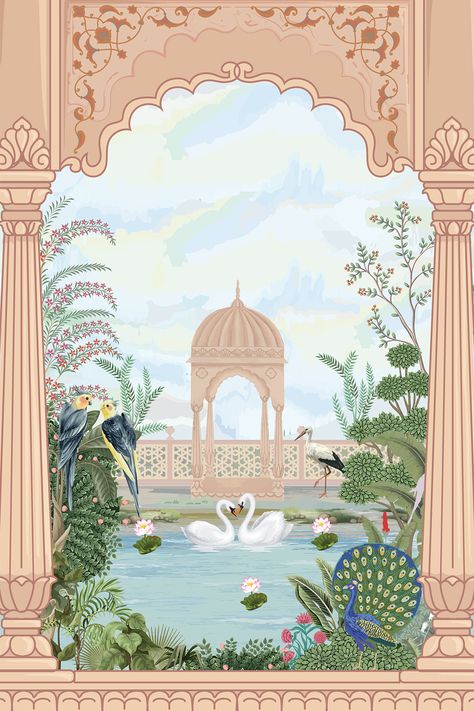 Traditional Mughal style illustration :: Behance Mughal Garden Painting, Mughal Garden Illustration, Mughal Invite, Mughal Garden, Frame Wallpaper, Garden Illustration, Framed Wallpaper, Indian Architecture, Garden Painting