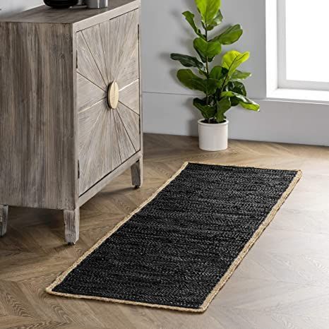 nuLOOM Koda Solid Leather Flatweave Runner Rug, 2' x 6', Black Distressed Persian Rug, Bedside Rugs, India Crafts, Fringe Rugs, Jute Rug Runner, Hemp Rug, Braided Jute Rug, Laundry Room Rugs, Flatweave Area Rug