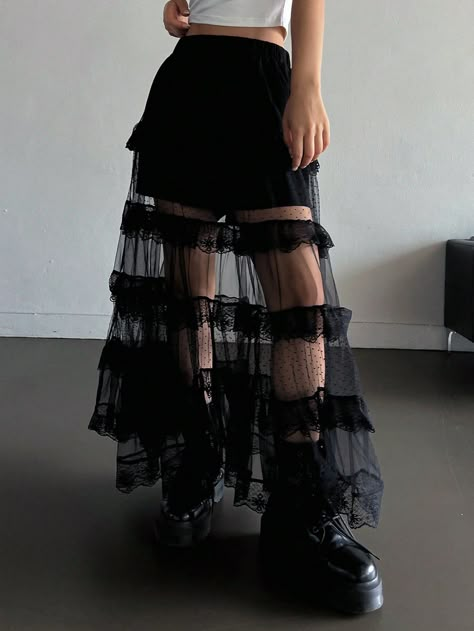 Women Mesh Semi-Sheer Lace Decor Skirt Black Casual   Mesh Fabric Colorblock Layered/Tiered Non-Stretch  Women Clothing, size features are:Bust: ,Length: ,Sleeve Length: Tulle Layered Skirt, Long Sheer Skirt Outfit, Mesh Long Skirt, Long Sheer Skirt, Mesh Layered Outfit, Sheer Black Skirt, Elegant Sheer Mesh Skirt, Black Lace Skirt Outfit, Sheer Skirt Outfit