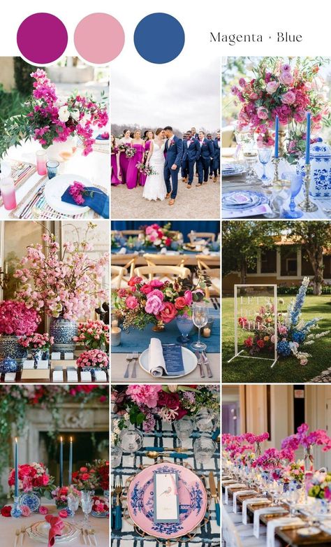 Wedding Magenta Color Schemes, Blue Pink Flowers Wedding, Wedding Decor Pink And Blue, Blue And Pink Summer Wedding, Magenta And Blue Wedding Theme, Blue Magenta Color Palette, Magenta And Navy Blue Wedding, Mid Summer Wedding, Pink And Blue Bridesmaids