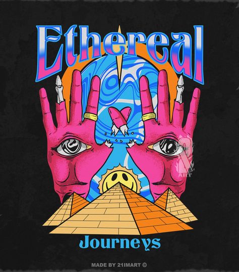 Premade design for sale: ETHEREAL JOURNEY! 🌀✨ Crafted uniquely for one buyer, this design features a psychedelic theme that will take you on a mind-bending adventure. Customize colors and text to your liking. DM for mre information. #psychedelic #graphicdesign #prints #designyourlife #designgraphics #designapparel #merchdesign #designhistory #designservice #21imforsale #illustration #graphic_design_freelance Graphic Design For Clothing, Clothing Brand Design, Unique Tshirt Designs, Tshirt Graphics, Trippy Cartoon, Graphic Shirt Design, T-shirt Print Design, Trippy Designs, Psychadelic Art