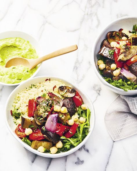 Roasty Couscous Hummus Bowl from I Can Cook Vegan by Isa Chandra Moskowitz Mushroom Hummus, Mushroom Couscous, Couscous Bowl, Mediterranean Bowl, Hummus Bowl, Mediterranean Bowls, Fresh Chives, Roasted Veggies, Fresh Lemon Juice