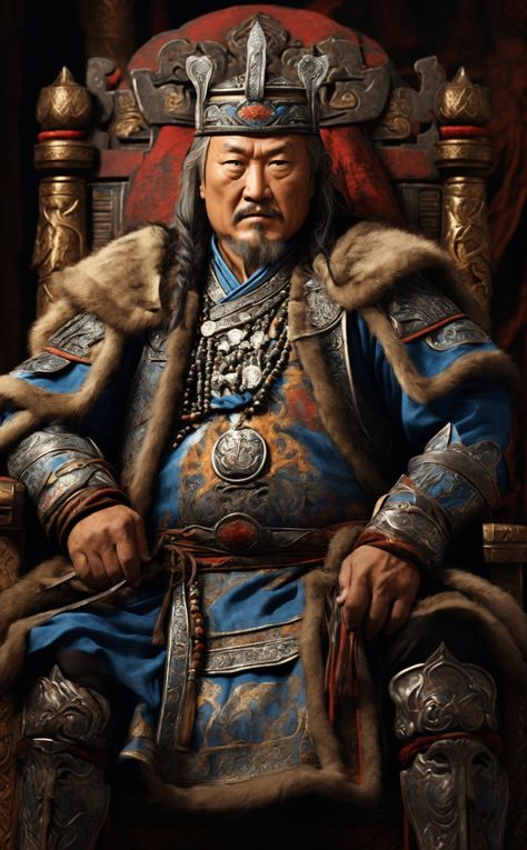 Genghis Khan sitting on the Throne with fierce look #history #ancient #genghis #khan #mongol #empire #throne #fierce #mongolia #warrior #vintage #wondersphere Noble Ranks, Mughal Art Paintings, Roman Warriors, A Knight's Tale, Genghis Khan, Samurai Armor, Armor Concept, Mongolia, Dark Fantasy Art