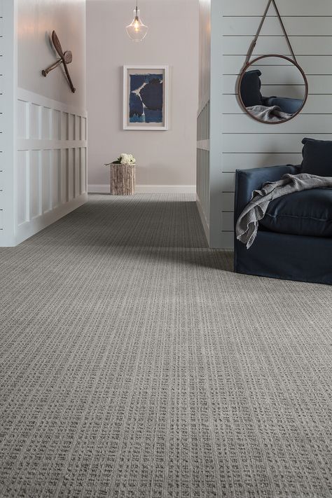 Gorgeous grey patterned carpet perfectly paired with white shiplap walls for a nautical themed room. Patterned Carpet Bedroom Ideas, Dark Carpet Basement, Gray Berber Carpet, Modern Farmhouse Carpet, Farmhouse Carpet Ideas, Carpet In Basement, Basement Carpet Ideas, Modern Bedroom Carpet, Wall To Wall Carpet Ideas