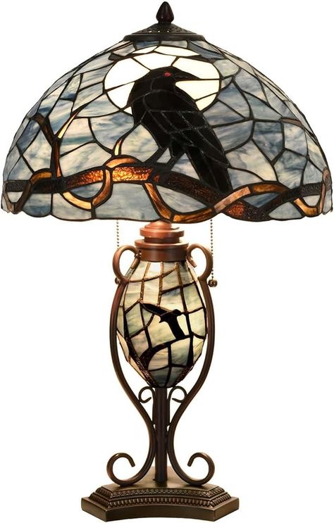 Bieye L10954 Raven Sitting on Bare Tree Branch in Full Moon Night Tiffany Style Stained Glass Table Lamp for Home Decor (Dark Blue, 16Wx24H) - Amazon.com Goth Lamp, Home Decor Dark, Stained Glass Table, Stained Glass Table Lamps, Tiffany Style Lamp, Full Moon Night, Stained Glass Bird, Home Floral Arrangements, Goth Home