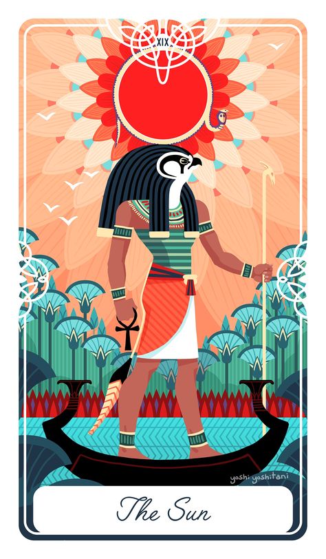 THE SUN, YOSHI YOSHITANI. Tarot Of The Divine, Yoshi Yoshitani, Egyptian Tarot, The World Tarot Card, Tarot Decks Art, Sun Tarot Card, The World Tarot, Ancient Egypt Gods, The Sun Tarot Card