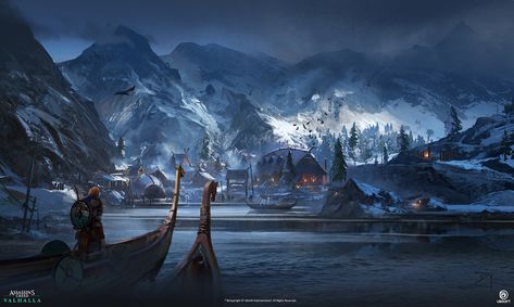 ArtStation - Assassin's Creed Valhalla - Norway Settlement, Donglu Yu Viking Village, Assassin's Creed Valhalla, Fantasy City, Fantasy Places, Assassin’s Creed, 판타지 아트, Environment Design, Fantasy Inspiration, Environment Concept Art