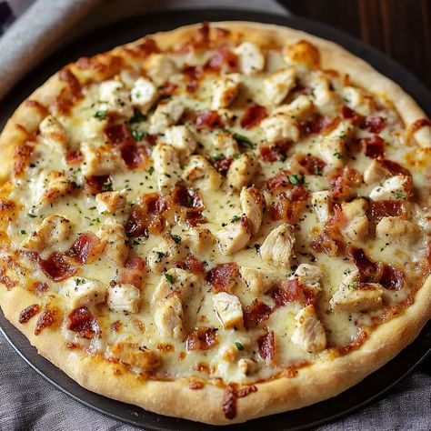 Chicken Bacon Ranch Pizza Recipe - emiliarecipes.com Chicken And Bacon Pizza, Garlic Ranch Pizza Sauce, Chicken Bacon Ranch Pizza Sauce, Chopped Chicken Bacon Ranch Subs, Pizza Ranch Copycat Recipes, Chicken Bacon Ranch Pizza Recipe, Chicken Pizza Ideas, Ranch Pizza Sauce, Flatbread Pizza Recipes Chicken