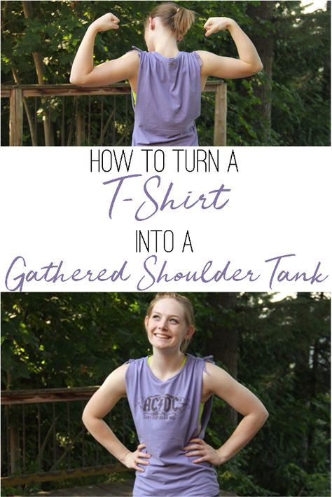 How to Turn a T-Shirt into a Gathered Shoulder Tank on craftystaci.com T Shirt To Tank Top Diy, Alter Too Large Shirt, Turn A Tshirt Into A Tank, Alter Large Tshirt, Diy Racer Back Tank Top From T Shirt, Diy Off Shoulder Top Old Shirts, Shirt Into Tank Top, Shirt Alterations, T Shirt Remake