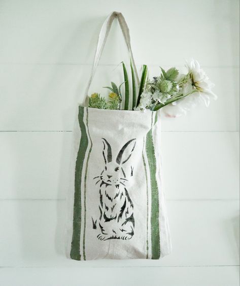 Diy drop cloth Bunny Tote Easter Totes, Budget Friendly Diy, Bunny Room, Cloth Tote Bag, Drop Cloth, Ticking Stripe, Diy Easter, Diy Easter Decorations, Easter Diy