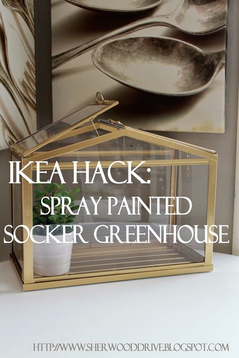 Ikea Hac: Faux Brass Greenhouse - these actually come WHITE, so if you don't mind that, you don't even need to paint it. PLUS, its only like $20 Ikea Socker Hack, Ikea Socker Greenhouse, Socker Greenhouse, Ikea Terrarium, Card Box Diy, Ikea Socker, Modern Wedding Diy, Greenhouse Terrarium, Gold Terrarium