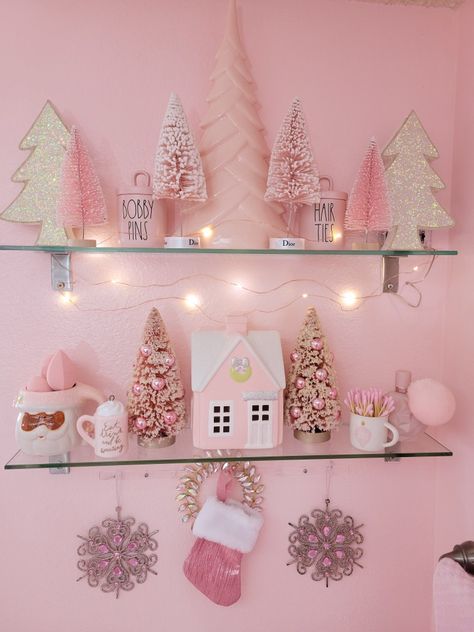 Bathroom Remodel Tile Walls, Christmas Shelf Decor Ideas, Pink Christmas Bedroom, Christmas Shelf Decor, Shelf Decor Ideas, Pastel Christmas Decor, Christmas Shelf, Tile Walls, Modern Bathroom Remodel