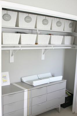 Changing Table In Closet, Closet Organization Baskets, Triplets Nursery, Nursery Organisation, Organization Baskets, Closet Nursery, Nursery Closet Organization, Baby Closet Organization, Nursery Baskets