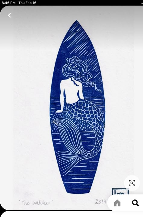 Mermaid Lino Print, Surf Linocut, Mermaid Linocut, Mermaid Surfboard, Surfboard Drawing, Boho Mermaid, Beach House Wall Art, The Watcher, Hand Carved Rubber