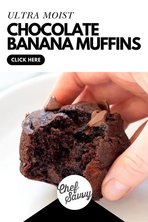 Loaded with plenty of chocolate and sweet, ripened bananas, these Ultra Moist Chocolate Banana Muffins are the best treat to wake up to! They’re ultra moist, fluffy, and great for breakfast, snacking, or dessert. Whip up a double batch and freeze half for later! Follow Chef Savvy for more Muffins Dessert Recipes. Banana Chocolate Muffins, Easy Healthy Muffins, Chocolate Banana Muffins Recipe, Chocolate Banana Muffins, Banana Muffin Recipe, Healthy Muffin Recipes, School Treats, Pumpkin Muffins, Chocolate Muffins