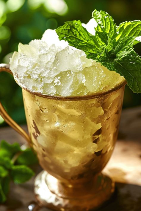 Make delightful julep cocktails in no time with these two easy recipes: the Mexican Julep, showcasing a refreshing minty flavor mingled with tequila’s earthy sweetness, and the elegant Rose Mint Julep. Perfect for hot days or summer parties, these cocktails are packed with flavor and smoothness. With just a few ingredients, impress your friends and yourself with these unique cocktails that are easy to whip up in minutes Recipe For Mint Juleps, Mint Julep Aesthetic, Disney Mint Julep, Mint Julip, Mint Julep Cocktail, Julep Recipe, Drink Stand, Cocktail List, Unique Cocktails