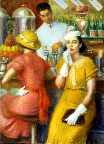 'The Soda Fountain' (1935) by William Glackens at Pennsylvania Academy of Fine Arts, Philadelphia William Glackens, John Sloan, Ashcan School, American Realism, William Adolphe Bouguereau, William James, Williams James, Pierre Auguste, American Painting