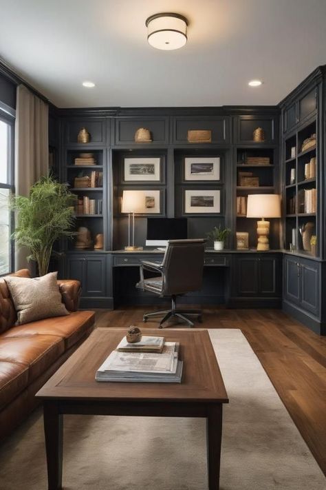 Home Office With Library Bookshelves, Small Office Library Ideas, Home Office With Couch, Moody Office, Office Built Ins, Basement Office, Den Office, Home Office Library, Office Den