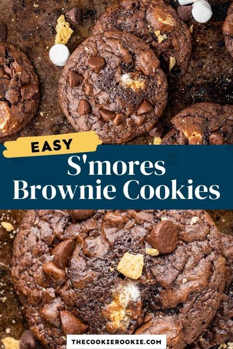 S’mores Cake Mix Cookies, Chocolate Smores Cookies, Smores Cookies Recipes, Cobbler Cake, Smores Cookie, Hip Huggers, Brownie Mix Cookies, Sweet Breakfast Treats, Cookie Brownie Recipe