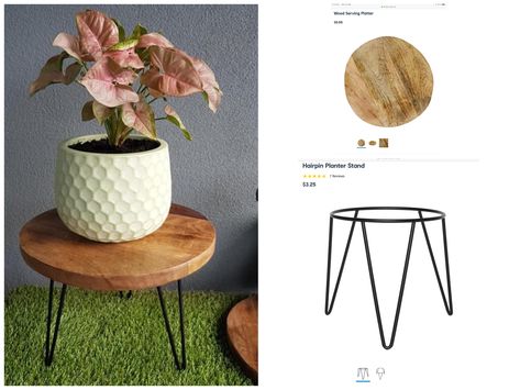 Kmart plant stand hack using wooden serving platter and hairpin plant stand Plant Stand Hack, Kmart Hack, Kmart Decor, Diy Brick Wall, Wooden Serving Platter, Team Office, Kmart Australia, Pot Tanaman, Kmart Hacks