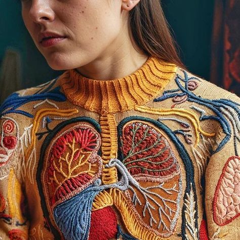 Felted Sweater Projects, Felting On Clothes, David Szauder, Queer Embroidery, Anatomy Sweater, Anatomy Fashion, Quirky Embroidery, Quirky Crafts, Knitting Motifs