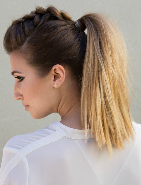 Dutch braid, pancake, ponytail—and done!  Get the tutorial from Confessions of a Hairstylist.     - Redbook.com Faux Hawk Ponytail, Faux Hawk Braid, Faux Hawk Hairstyles, Pony Hairstyles, Cute Ponytails, Mohawk Braid, Braided Ponytail Hairstyles, A Ponytail, Faux Hawk