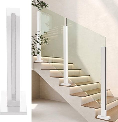 Square Balusters, Indoor Stair Railing, Glass Staircase Railing, Indoor Stairs, Glass Railing Stairs, Loft Hotel, Stairs Railing, Patio Stairs, Glass Fence