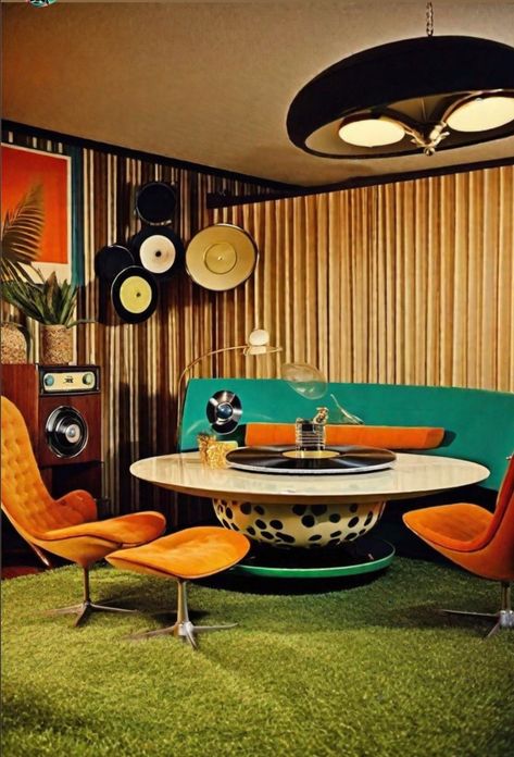 Space Age Dining Room, 60s Space Age Interior, Atomic Interior, 60s Dining Room, Space Age Kitchen, Retro Futurism Interior, Futuristic Lounge, 70s Apartment, 1960s Interior Design